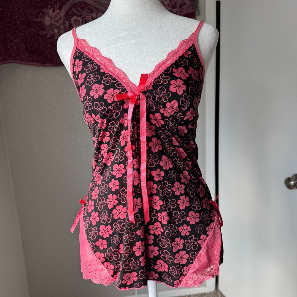 Floral Lace Chemise Pink Black Summer Y2K 2000s Women’s Small Ribbon Cami